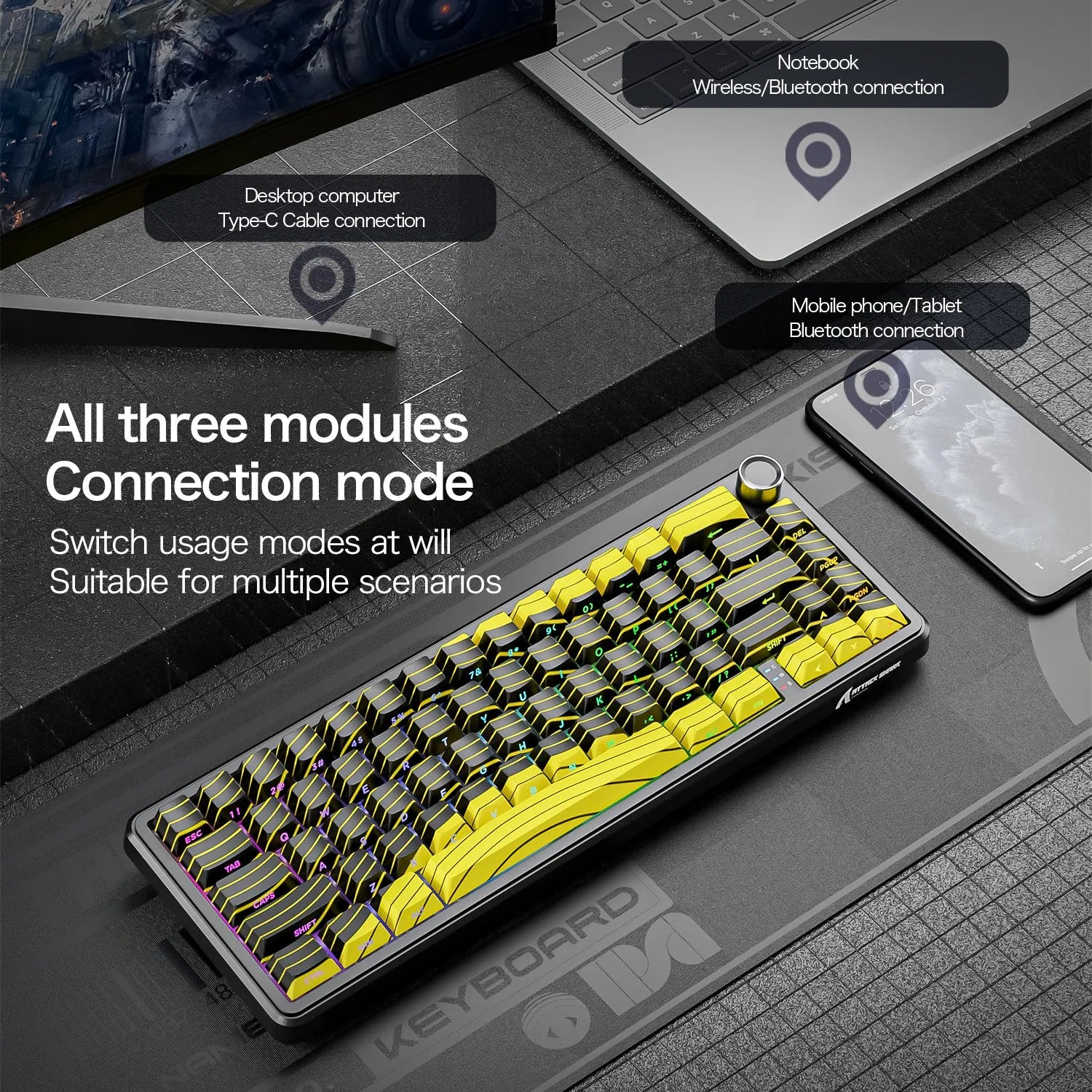 Attack Shark X65 PRO HE Tri-mode Noir/Jaune sur un bureau gamer