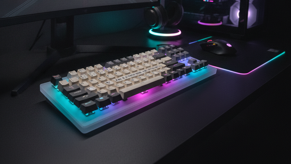 Clavier mécanique aux keycaps crème rétroéclairé sur un bureau sombre