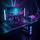 Souris gaming posee sur un tapis de souris grand format XXL avec clavier mecanique en arriere-plan