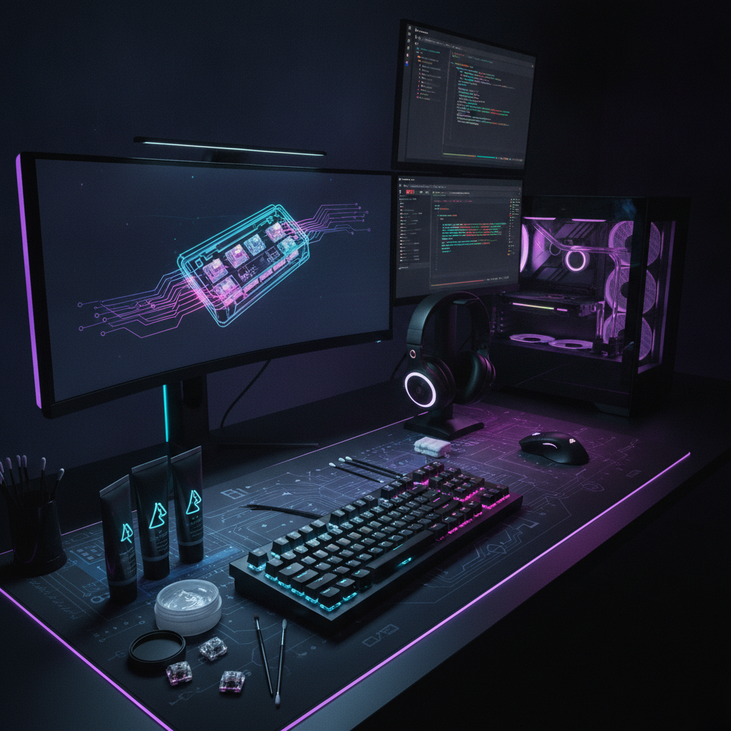 Switch de clavier mécanique démonté en composants, flacon de lubrifiant Krytox et pinceau fin sur table de modding