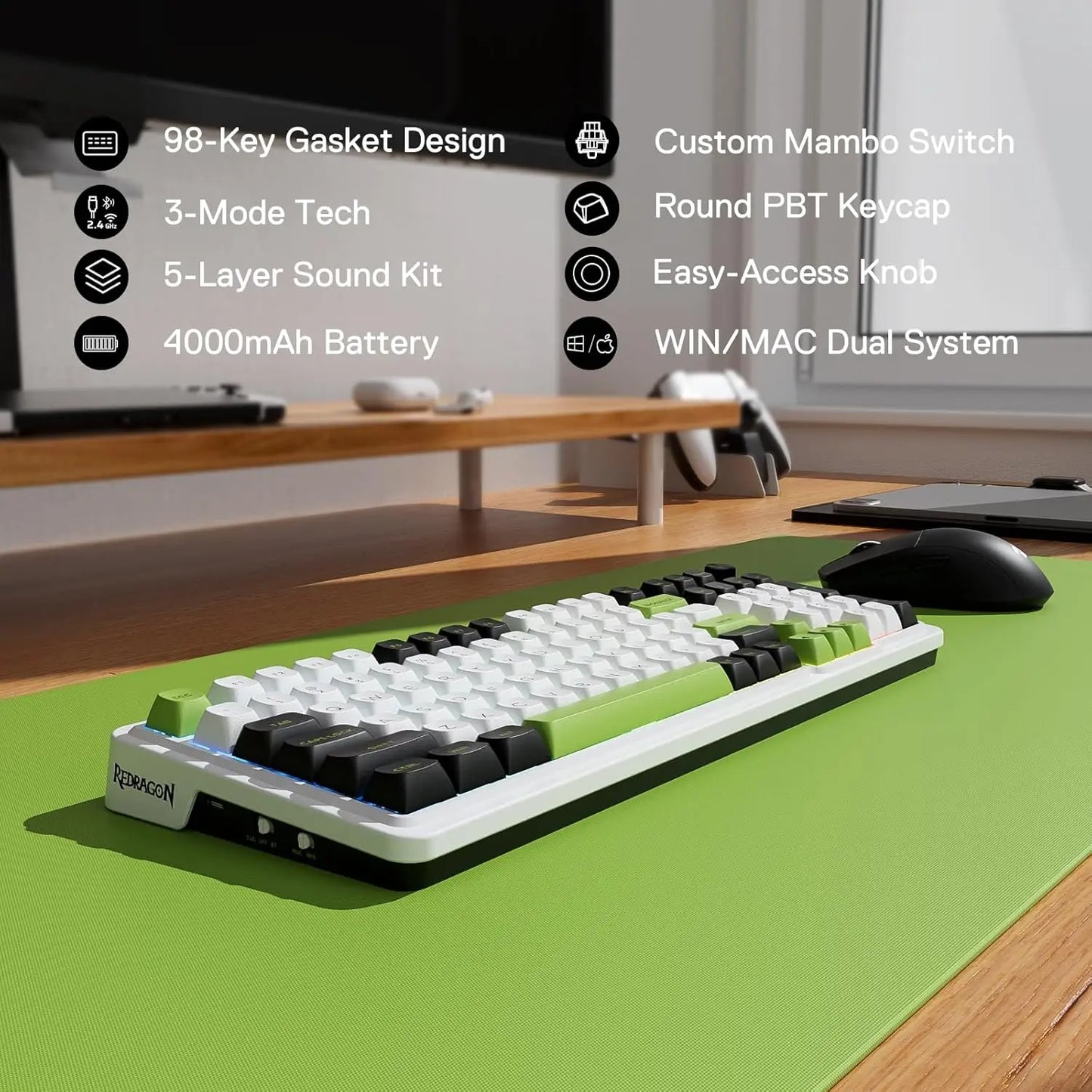Redragon K686 PRO 98 Keys Wireless Gasket RGB 3-Mo - Vue de dos
