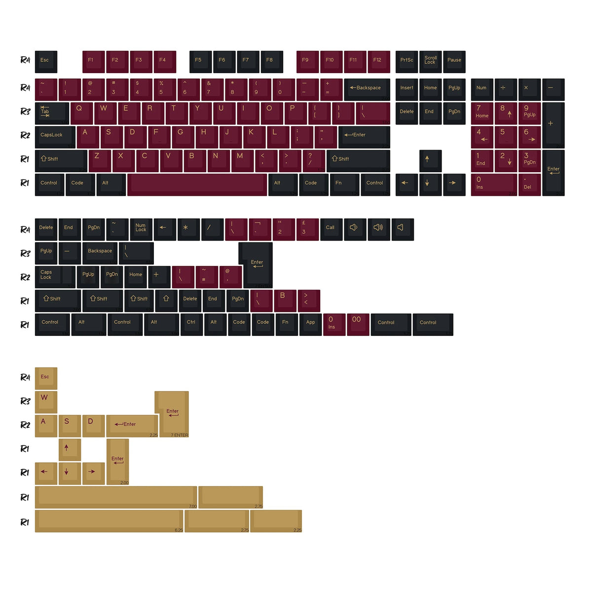 Keycaps Bordeaux et Or - planche de kitting