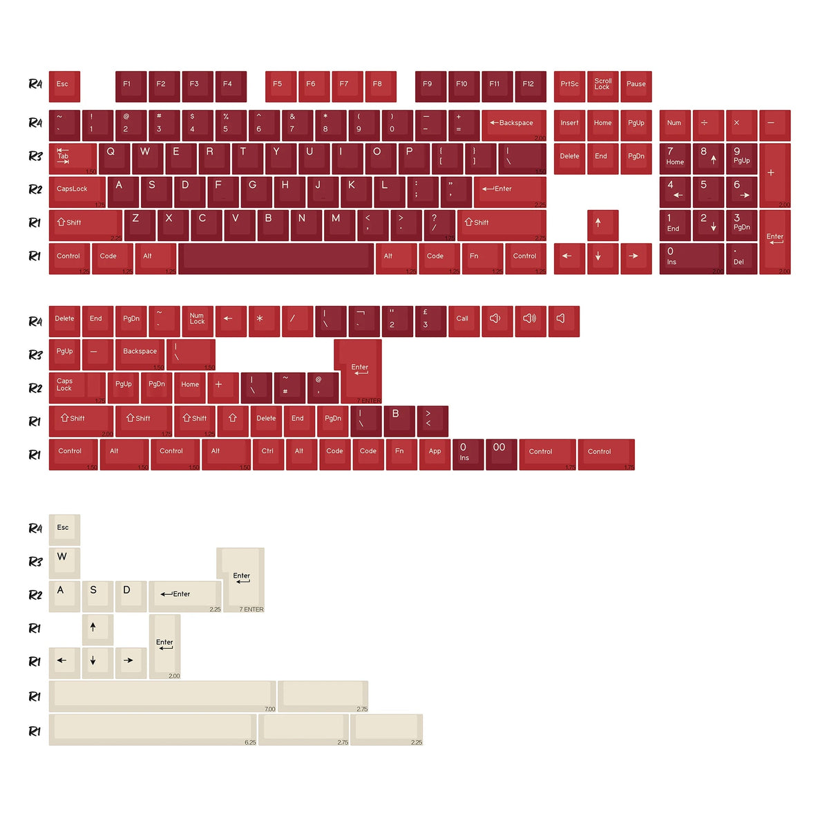 Keycaps Rouge Carmin et Crème - planche de kitting