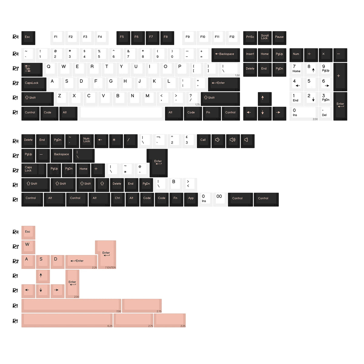 Keycaps Noir Blanc et Rose - planche de kitting