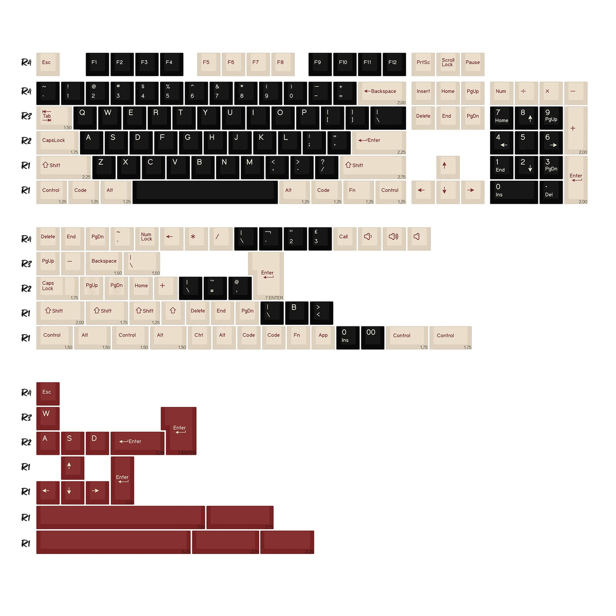 Keycaps Beige et Bordeaux - planche de kitting