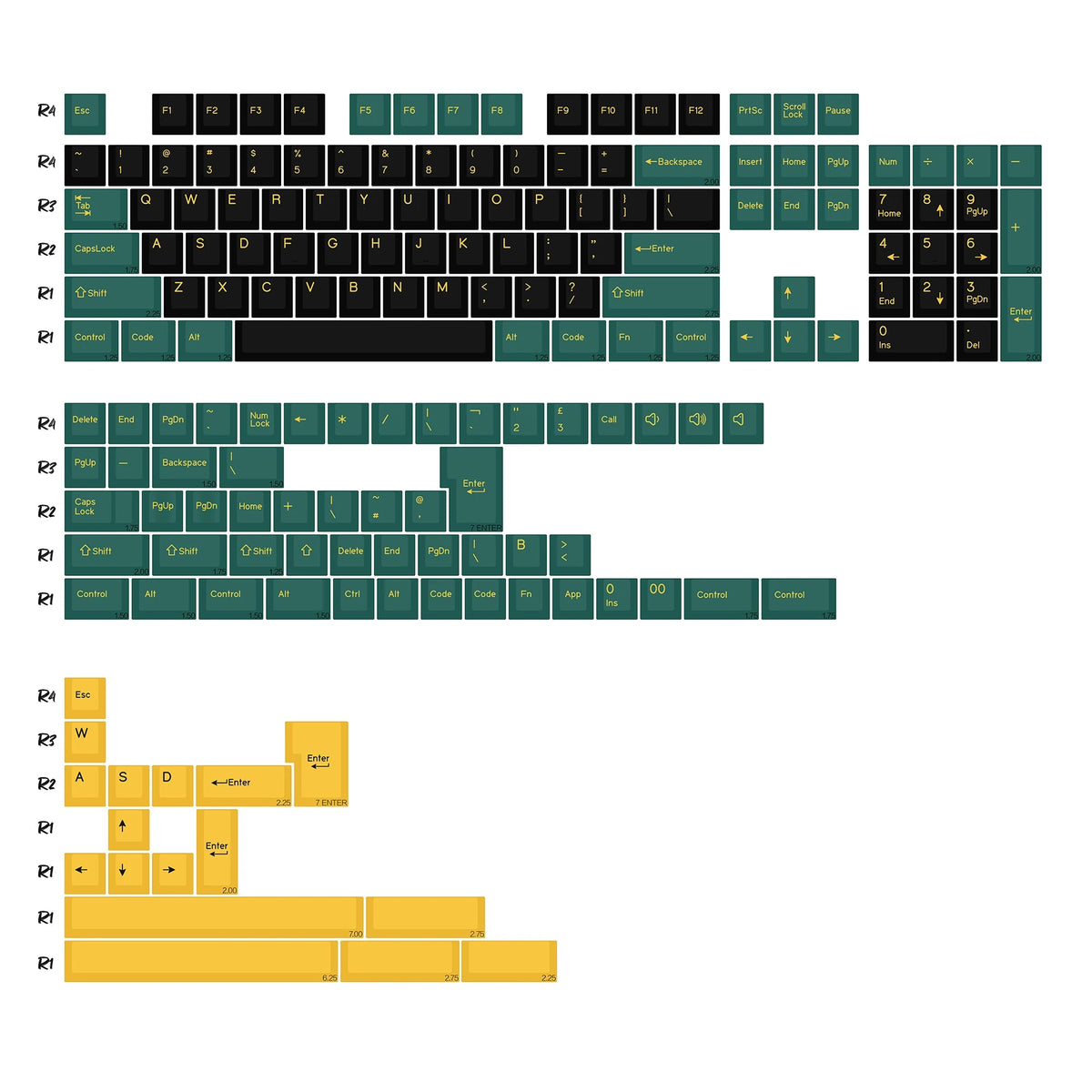 Keycaps Vert Sapin et Jaune - planche de kitting